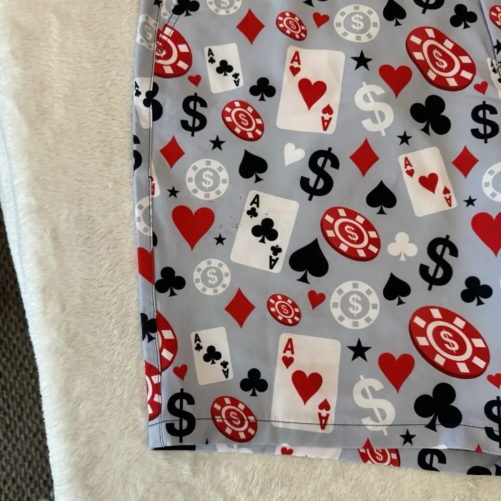 Hreski Men's Casino Print Chino Shorts Gray Microfiber Poly/Spandex 10